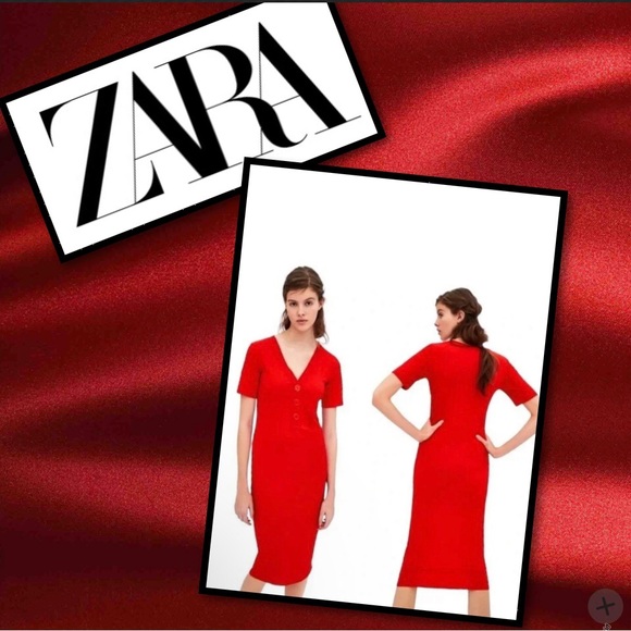 ZARA Red Ribbed fitted V-Neck midi dress with faux buttons & short sleeve 🎉SALE - Picture 12 of 12